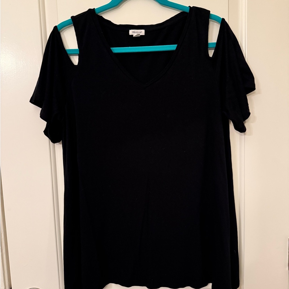 Dress Barn Westport Flowy Black Cold Shoulder V Neck Tshirt